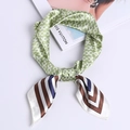 Floral satin silk scarf with green chain print and brown stripes in French style - Horsebit Chain Green
