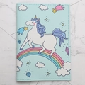 Light blue faux leather passport holder with a colorful unicorn and rainbow print - Light Blue-Rainbow Running Unicorn