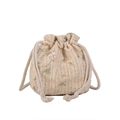Sac seau tissé beige avec broderie florale et cordon de serrage en coton rustique - Blanc