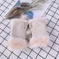 Beige faux suede fingerless gloves with pink faux fur trim and lace-up detail - One Size / Beige
