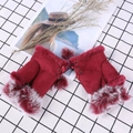 Dark red faux suede fingerless gloves with lush faux fur trim and decorative pom-poms - One Size / Wine Red