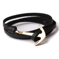 Multilayer black leather wrap bracelet with a polished gold anchor clasp on white background - Black