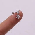 Silver flower pendant cartilage stud earring with cubic zirconia held by fingertips - Delicate Five-Petal Flower (Silver 6#)
