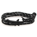 Braided black cord bracelet featuring a detailed black shark shaped metal buckle clasp - Black Rope with White Dots/Black Shark
