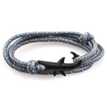 Braided grey and blue multi-layer rope bracelet with a black shark-shaped metal hook clasp - Grey-Blue Rope/Black Shark