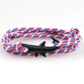 Braided rope bracelet with black shark charm in red, white and blue striped nautical design - Tricolor Striped Rope/Black Shark