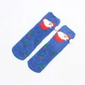 Plush blue coral fleece Christmas socks with Santa Claus pattern and white pom-poms - Blue Base Santa