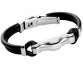 Couples bracelet with black silicone strap and interlocking silver stainless steel buckle - Wave