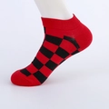 Mens low cut ankle socks with red and black checkerboard pattern on white mannequin - Euro Size: 39-46 / 04 Seamless Toe Red Black Checkerboard