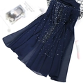 Navy blue chiffon hijab with white pearl beadwork and elegant draped texture - Navy Blue