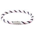Detail of twisted braided bracelet with white, navy blue, and pink ropes and silver clasp - Navy Blue Pink White