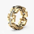 Men's geometric link ring in gold tone with pave zircon accents and rivet details - US 6 / Gold