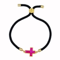 Bracciale regolabile in corda nera con ciondolo a croce dorata e glitter fucsia vivaci - Corda Nera Rosa Rosso