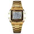 Golden square digital sport watch with stainless steel band and multi-function display - Gold