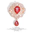 Baroque red crystal teardrop brooch in gold filigree with sparkling rhinestones - Red