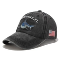 Casquette de baseball en denim noir délavé avec broderie requin bleu et patch drapeau USA - Réglable / Noir