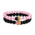 Bracelets couronne en œil de chat rose et perles noires mates pour couples - Ensemble de Bijoux Rose