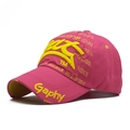 Detail view of distressed rose red baseball cap with yellow 3D embroidery and patch - Adjustable / Rose Red with Yellow Letters