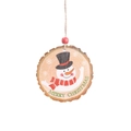 Rustic wood slice Christmas ornament featuring a snowman print with a red wooden bead - Snowman