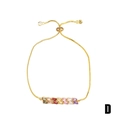 Close-up of gold box chain bracelet with adjustable slider and colorful rainbow stones - Double Row Rainbow Baguette/Style D