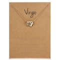 Close-up of gold Virgo zodiac pendant necklace mounted on a kraft paper display card - Virgo / Gold