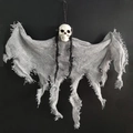 Detail of Halloween hanging skull ghost with grey tattered fabric for haunted house decor - Gray