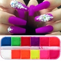 Macro view of 12-color nail glitter powder set with rhinestones on purple matte nails - 12 Compartment Fluorescent Nail Powder (YE)