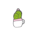 Macro detail of cartoon cactus enamel pin in a white mug with polished metal finish - Mug Cactus (C1554-2)