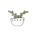 Macro detail of enamel cactus pin featuring white pot with blue dots and green leaves - Blue Polka Dot Pot Leaf (C1557-1)