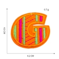 Detailed view of letter G embroidery patch in orange and green stripes with dimensions - Letter G