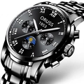 Men's business quartz watch with silver steel strap, black dial and moon phase display - Gunmetal Steel Black Dial