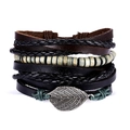 Detail showing multilayer leather bracelets with wooden beads and engraved leaf charm - BR18Y0535 (4 Pcs Set)