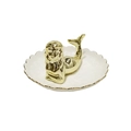 Detail view of white ceramic jewelry tray with a gold mermaid statue and metallic trim - Wave Mermaid Dish