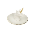 Macro view of white ceramic jewelry tray with a gold-edged unicorn head centerpiece - Wave Unicorn Dish