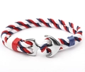 Detailed close-up of red, white and blue nautical anchor rope bracelet with metal clasp - Red/White/Blue