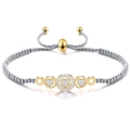 Adjustable silver beaded stainless steel bracelet with gold diamond-set heart charms - Two-tone (Gold & Silver)