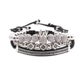 Ensemble de bracelets couronne avec perles zircon et bandes de cuir tressé noir - Ensemble Platine