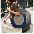 Dettaglio borsa tonda in paglia con sfumature blu e manici in pelle marrone - Blu