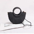 Mini bolso media luna de paja negra con asa redonda y correa tejida para vacaciones - Negro