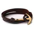 Bracciale multistrato in pelle marrone scuro con chiusura ad ancora dorata per uomo e donna - caffè