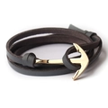 Detail of multi-layer dark grey leather bracelet with golden anchor charm clasp - Gray