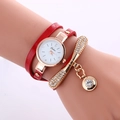 Women's wrap watch with red leather strap, gold case and crystal butterfly pendant - Red