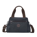 Sac à main rétro en toile bleu foncé avec poignées brunes et bandoulière - Noir