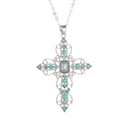 Elegante collana a croce argento con strass blu e design in filigrana traforata - Blu lago