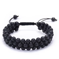 Bracciale a tre file in pietra lavica con cordino intrecciato regolabile e trama naturale - Sfera 6mm / Stile Pietra Lavica