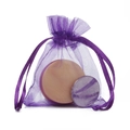 Purple organza drawstring pouch containing a soft makeup puff and cosmetic tools - 5x7cm / Deep purple