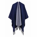 Navy and grey reversible shawl with black tassels, warm winter poncho for women - Double-sided Navy