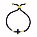 Bracciale a cordino nero regolabile con croce dorata e intarsio glitterato blu navy - Corda Nera Blu Scuro