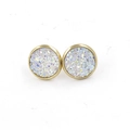 Close-up of 12mm golden stainless steel stud earrings with shimmering white druzy resin inlay - Iridescent White (9)