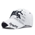 Detail of distressed brim and 3D embroidery on this white hip-hop baseball cap - Adjustable / White With Black Letters